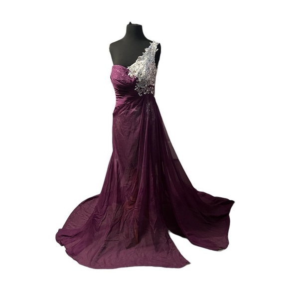 Women's One Shoulder Chiffon Formal‎ Purple Dress Long Train Prom Embellished